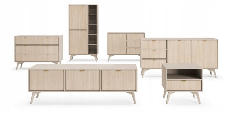 STOLIK RTV BEŻ PIASKOWY JODEŁKA SCANDI 158x52x38 cm, drewniane nogi, FORESA