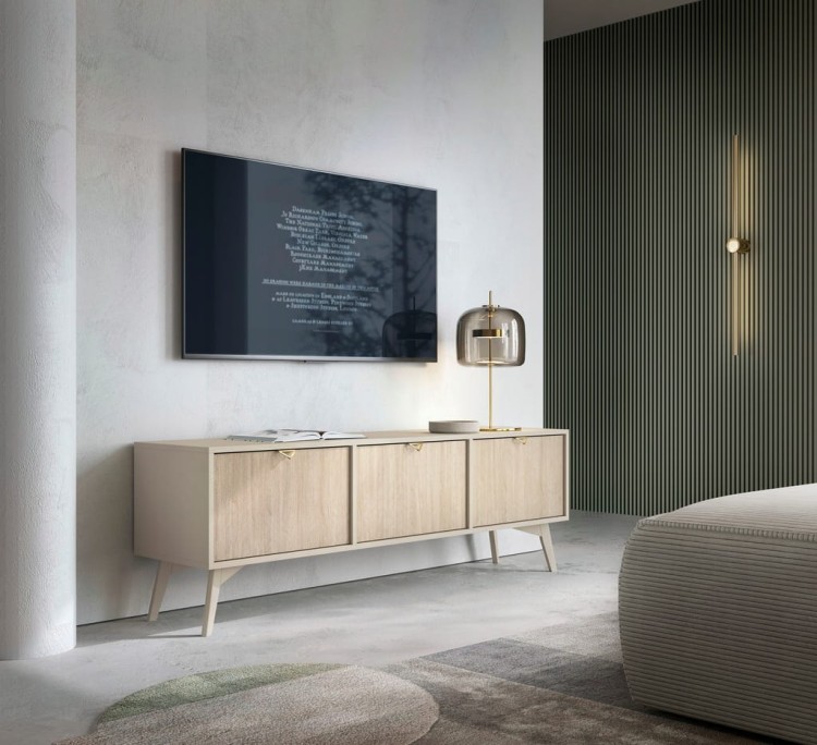 STOLIK RTV BEŻ PIASKOWY JODEŁKA SCANDI 158x52x38 cm, drewniane nogi, FORESA