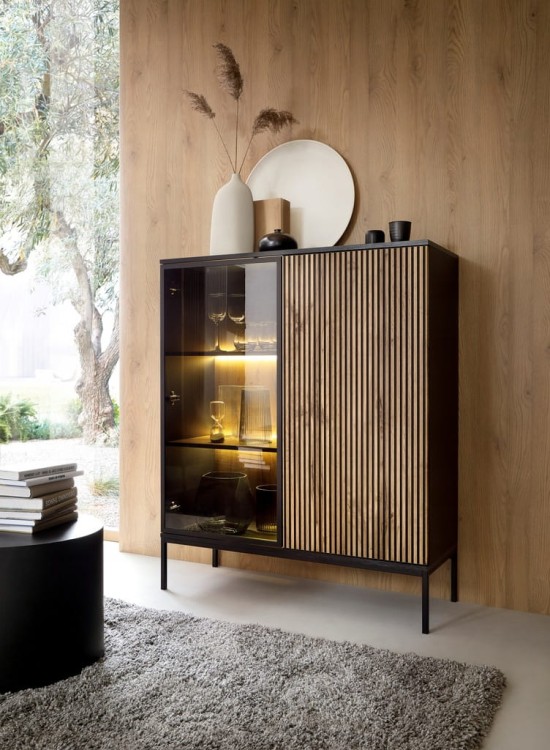 WITRYNA SALON POKÓJ BIURO CZARNY/DĄB WOTAN 104x126x39 SENTA meble stylowe