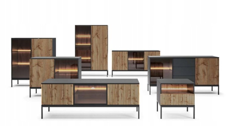 KOMODA SALON POKÓJ BIURO CZARNY/DĄB WOTAN 154x83x39 SENTA meble stylowe