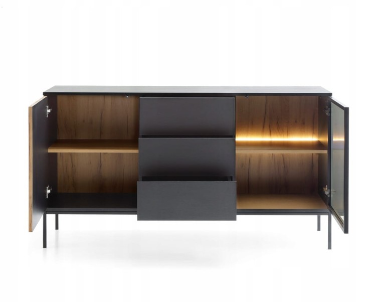 KOMODA SALON POKÓJ BIURO CZARNY/DĄB WOTAN 154x83x39 SENTA nowoczesne meble