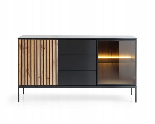 KOMODA SALON POKÓJ BIURO CZARNY/DĄB WOTAN 154x83x39 SENTA nowoczesne meble