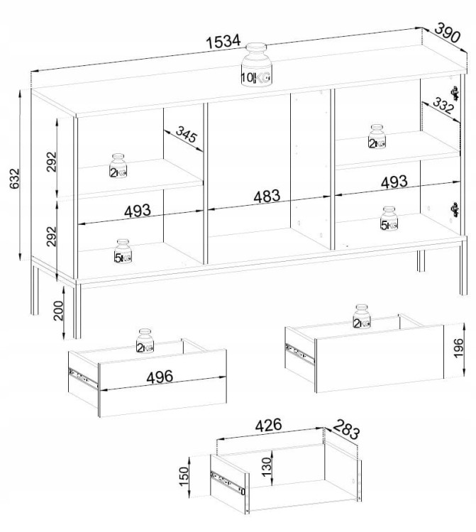 KOMODA SALON POKÓJ BIURO CZARNY/DĄB WOTAN 154x83x39 SENTA nowoczesne meble