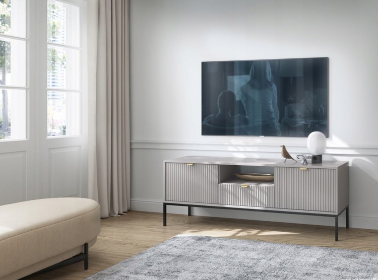 STOLIK RTV SZARY CZARNY / ZŁOTY STELAŻ 154x56x39 cm, stalowy stelaż, NOVC