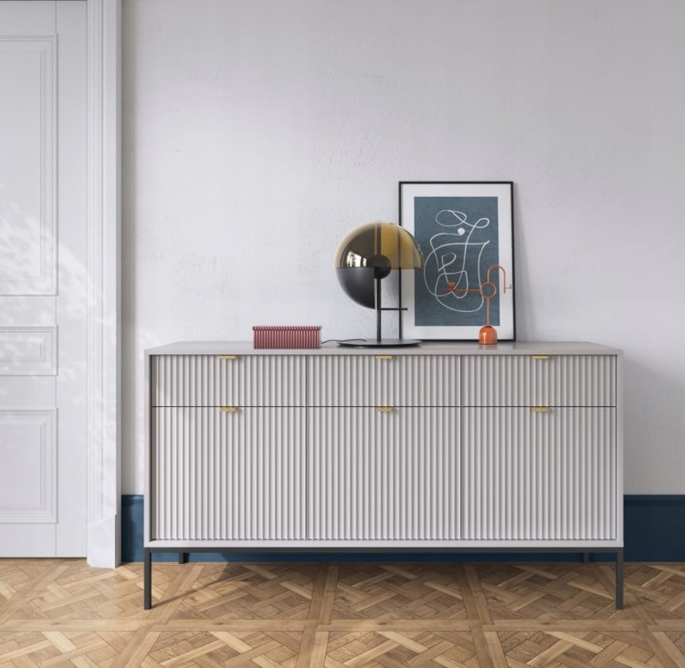 KOMODA SZARA CZARNY / ZŁOTY STELAŻ 154x83x39 cm, stalowy stelaż, NOVC