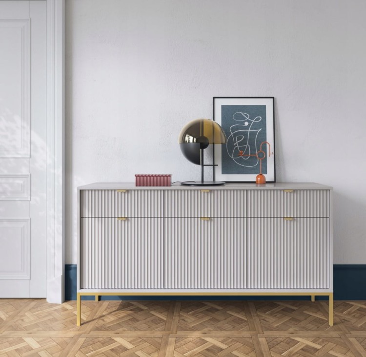 KOMODA SZARA CZARNY / ZŁOTY STELAŻ 154x83x39 cm, stalowy stelaż, NOVC