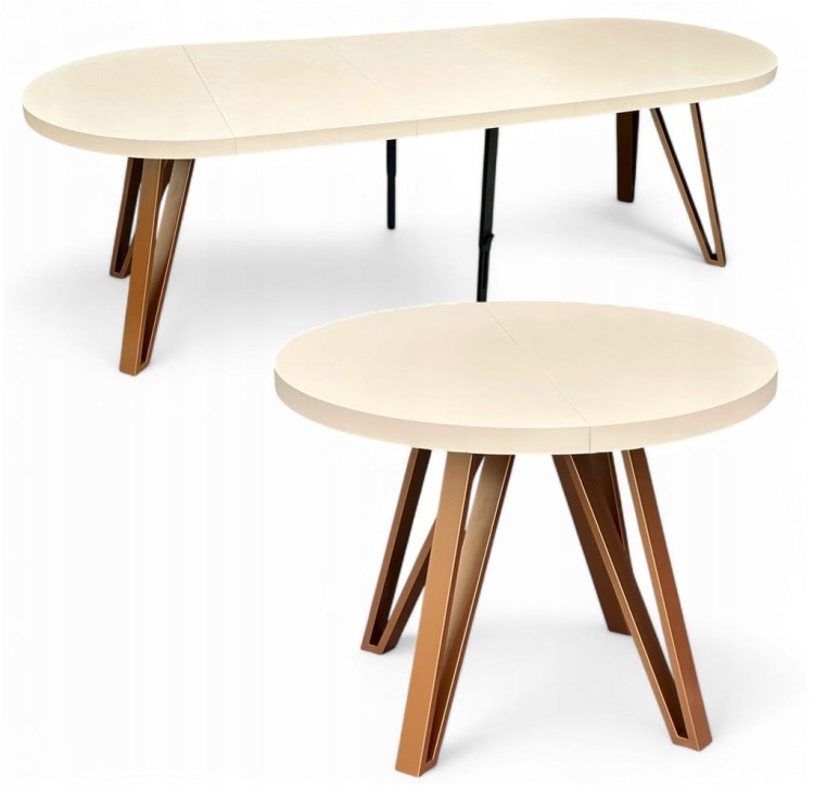 Stół okrągły Ø100 rozkładany do 300 cm KASZMIR BEŻ + Miedziane Nogi Metal