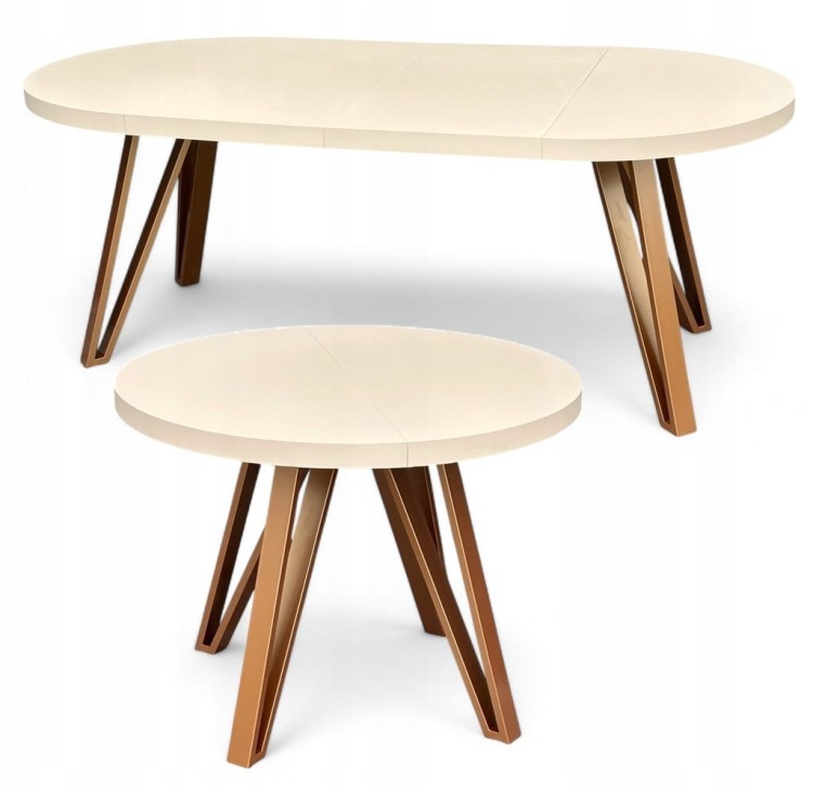 Stół okrągły Ø90 rozkładany do 190 cm KASZMIR BEŻ + Miedziane Nogi Metal