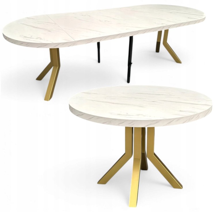 Stół okrągły rozkładany MARMUR BIAŁY Ø100/300 cm NOGI ZŁOTE METAL X SLIM