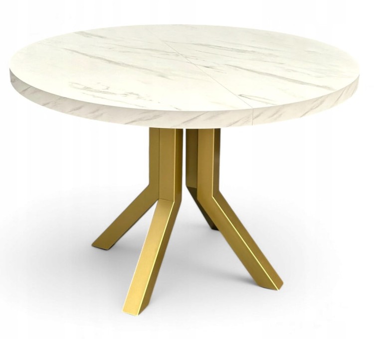 Stół okrągły rozkładany MARMUR BIAŁY Ø100/300 cm NOGI ZŁOTE METAL X SLIM