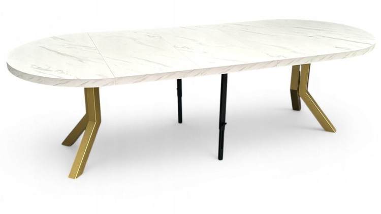 Stół okrągły rozkładany MARMUR BIAŁY Ø100/300 cm NOGI ZŁOTE METAL X SLIM
