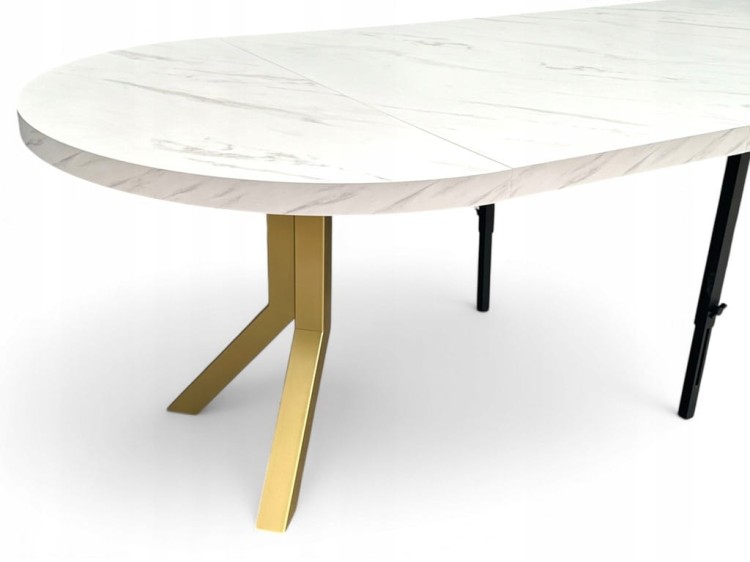 Stół okrągły rozkładany MARMUR BIAŁY Ø100/300 cm NOGI ZŁOTE METAL X SLIM