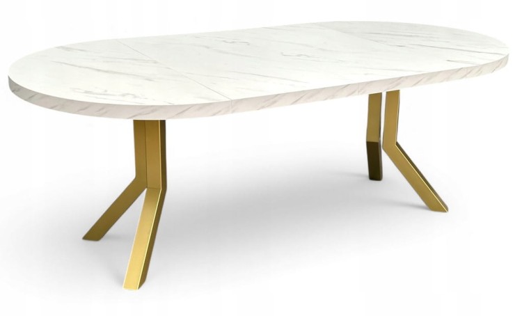 Stół okrągły rozkładany MARMUR BIAŁY Ø100/300 cm NOGI ZŁOTE METAL X SLIM