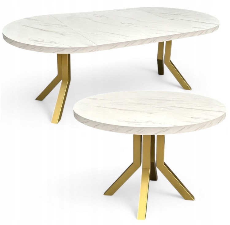 Stół okrągły rozkładany MARMUR BIAŁY Ø110/210 cm NOGI ZŁOTE METAL X SLIM