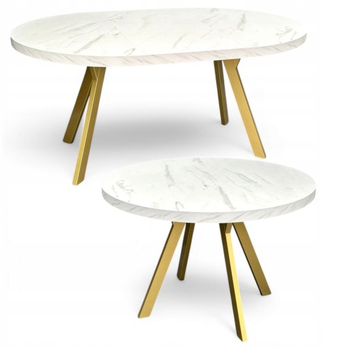 Stół okrągły rozkładany MARMUR + ZŁOTY Ø90/190 cm Metalowe Nogi + Wkładki