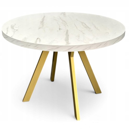 Stół okrągły rozkładany MARMUR + ZŁOTY Ø90/190 cm Metalowe Nogi + Wkładki