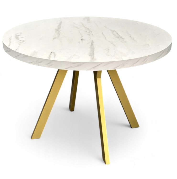 Stół okrągły rozkładany MARMUR + ZŁOTY Ø90/190 cm Metalowe Nogi + Wkładki