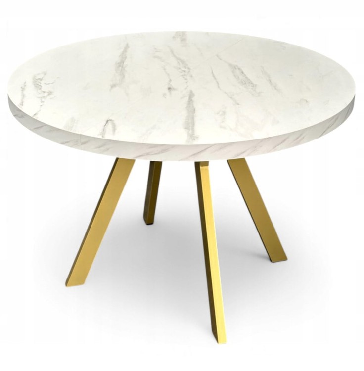 Stół okrągły rozkładany MARMUR + ZŁOTY Ø110/210 cm Metalowe Nogi + Wkładki