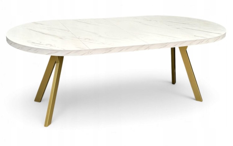 Stół okrągły rozkładany MARMUR + ZŁOTY Ø110/210 cm Metalowe Nogi + Wkładki