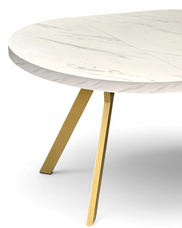 Stół okrągły rozkładany MARMUR + ZŁOTY Ø110/210 cm Metalowe Nogi + Wkładki