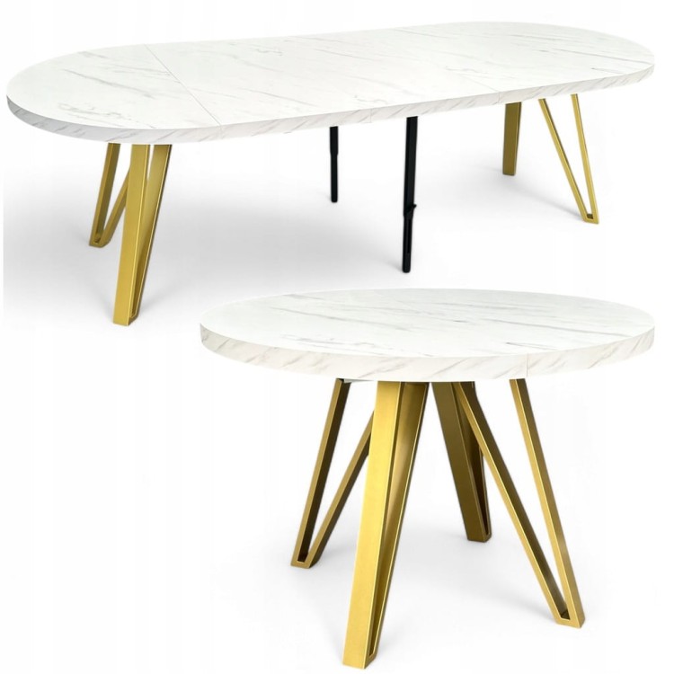 Stół okrągły rozkładany MARMUR BIAŁY Ø110/310 cm + ZŁOTE NOGI METALOWE