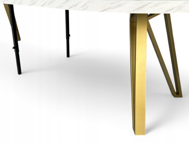 Stół okrągły rozkładany MARMUR BIAŁY Ø110/310 cm + ZŁOTE NOGI METALOWE