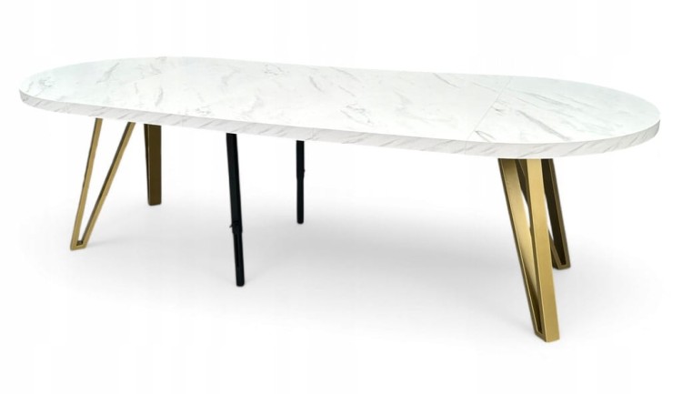 Stół okrągły rozkładany MARMUR BIAŁY Ø110/310 cm + ZŁOTE NOGI METALOWE