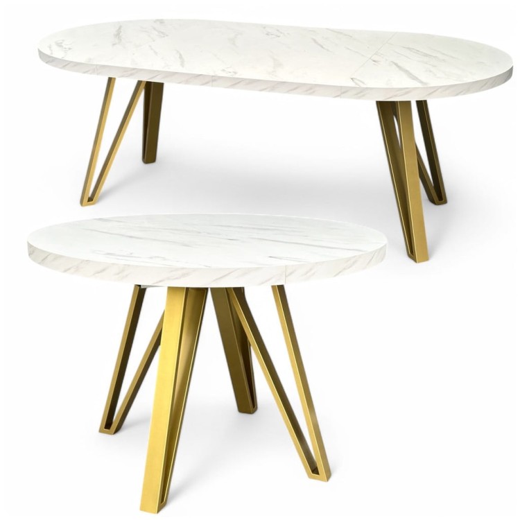 Stół okrągły rozkładany MARMUR BIAŁY Ø110/210 cm + ZŁOTE NOGI METALOWE