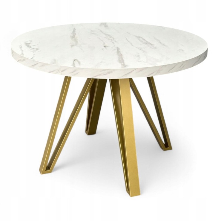 Stół okrągły rozkładany MARMUR BIAŁY Ø110/210 cm + ZŁOTE NOGI METALOWE