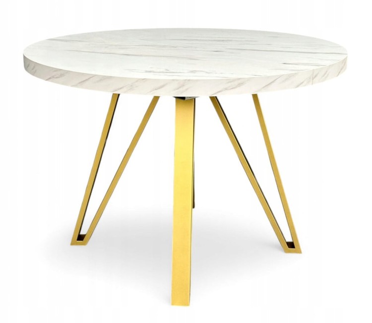 Stół okrągły rozkładany MARMUR BIAŁY Ø110/210 cm + ZŁOTE NOGI METALOWE