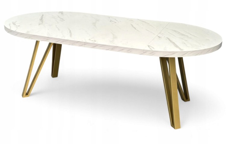 Stół okrągły rozkładany MARMUR BIAŁY Ø110/210 cm + ZŁOTE NOGI METALOWE