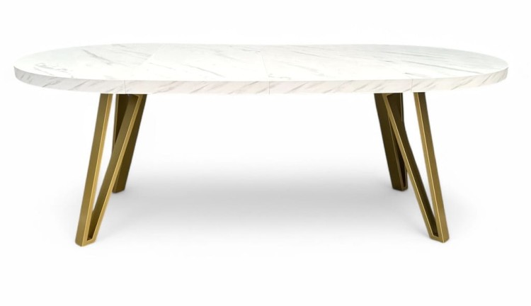 Stół okrągły rozkładany MARMUR BIAŁY Ø100/200 cm + ZŁOTE NOGI METALOWE