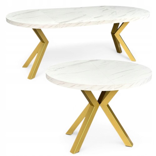 Stół okrągły MARMUR BIAŁY rozkładany Ø110/210 cm ZŁOTE NOGI METAL X