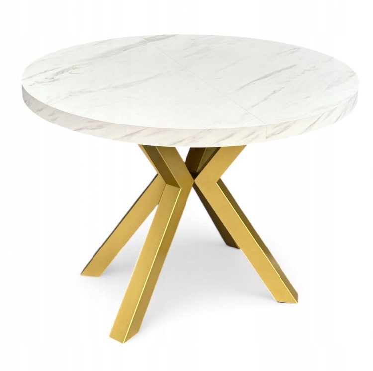 Stół okrągły MARMUR BIAŁY rozkładany Ø110/210 cm ZŁOTE NOGI METAL X