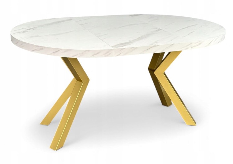 Stół okrągły MARMUR BIAŁY rozkładany Ø110/210 cm ZŁOTE NOGI METAL X