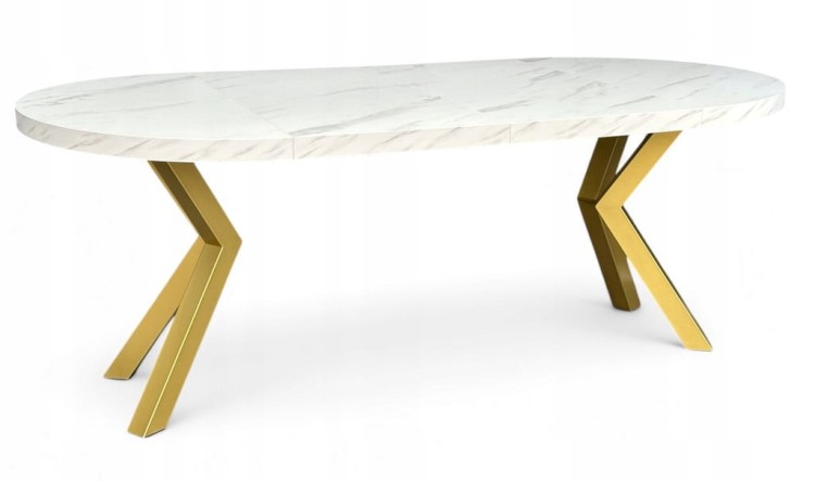 Stół duży okrągły MARMUR BIAŁY rozkładany Ø100/300 cm ZŁOTE NOGI METAL X