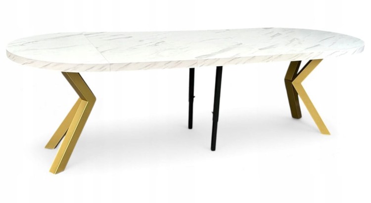 Stół duży okrągły MARMUR BIAŁY rozkładany Ø100/300 cm ZŁOTE NOGI METAL X