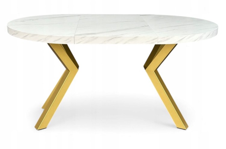 Stół duży okrągły MARMUR BIAŁY rozkładany Ø100/300 cm ZŁOTE NOGI METAL X