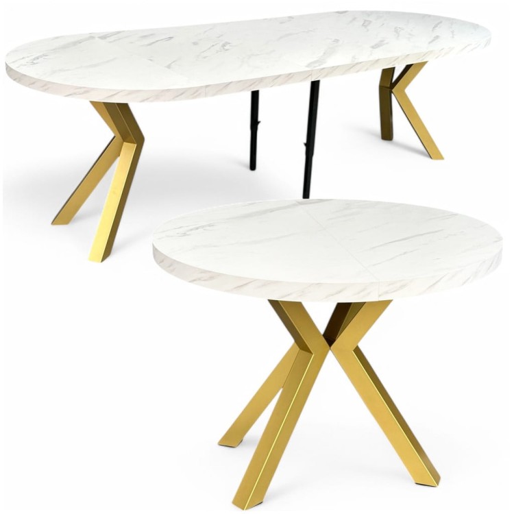 Stół duży okrągły MARMUR BIAŁY rozkładany Ø110/310 cm ZŁOTE NOGI METAL X