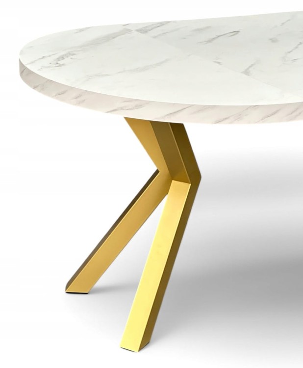 Stół duży okrągły MARMUR BIAŁY rozkładany Ø110/310 cm ZŁOTE NOGI METAL X