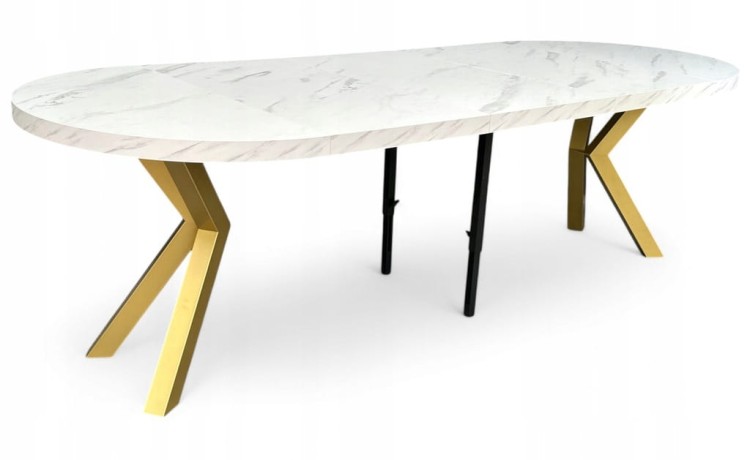 Stół duży okrągły MARMUR BIAŁY rozkładany Ø110/310 cm ZŁOTE NOGI METAL X