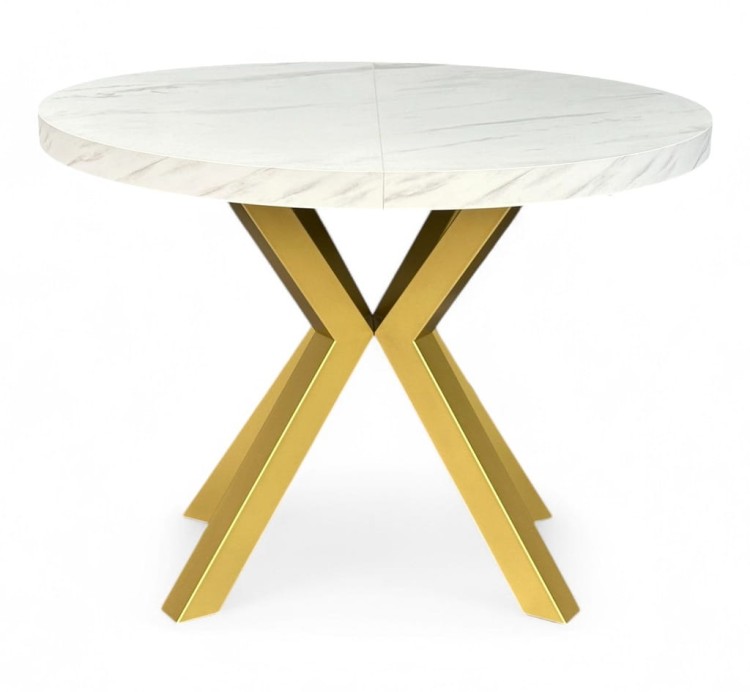 Stół duży okrągły MARMUR BIAŁY rozkładany Ø110/310 cm ZŁOTE NOGI METAL X