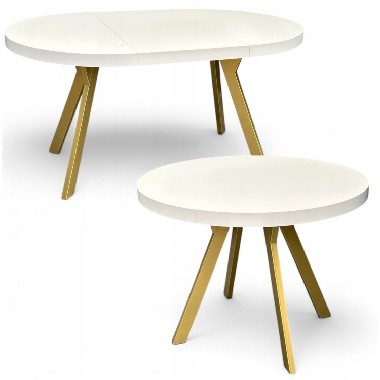 Stół okrągły BIAŁY PÓŁMAT Ø110 rozkładany do 210 cm + Złote Nogi Metalowe Y