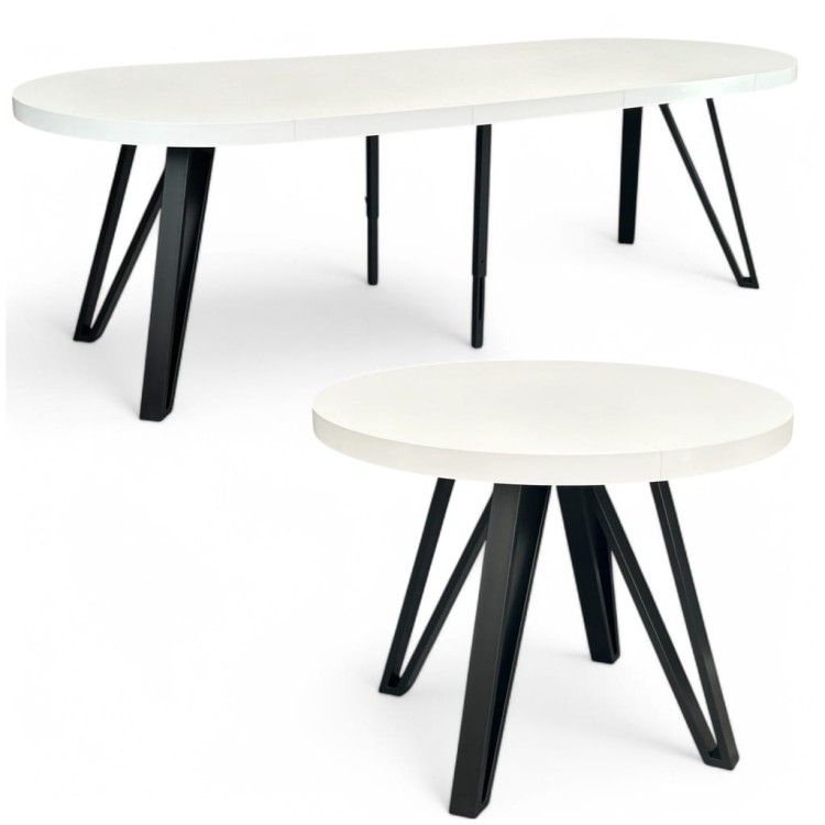 Stół duży okrągły rozkładany BIAŁY PÓŁMAT Ø110/310 cm CZARNE NOGI METALOWE