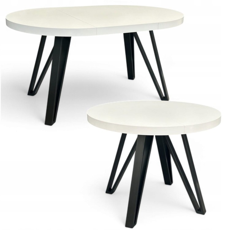 Stół okrągły rozkładany BIAŁY PÓŁMAT Ø110/210 cm + CZARNE NOGI METALOWE