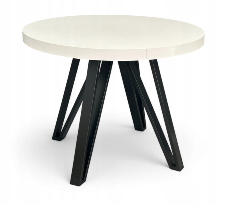 Stół okrągły rozkładany BIAŁY PÓŁMAT Ø110/210 cm + CZARNE NOGI METALOWE