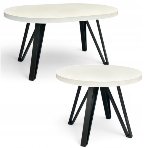 Stół okrągły rozkładany BIAŁY PÓŁMAT Ø90/190 cm + CZARNE NOGI METALOWE