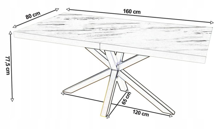 Stół Czarny Metalowy Pająk z blatem Biały Marmur 80x160 cm nierozkładany