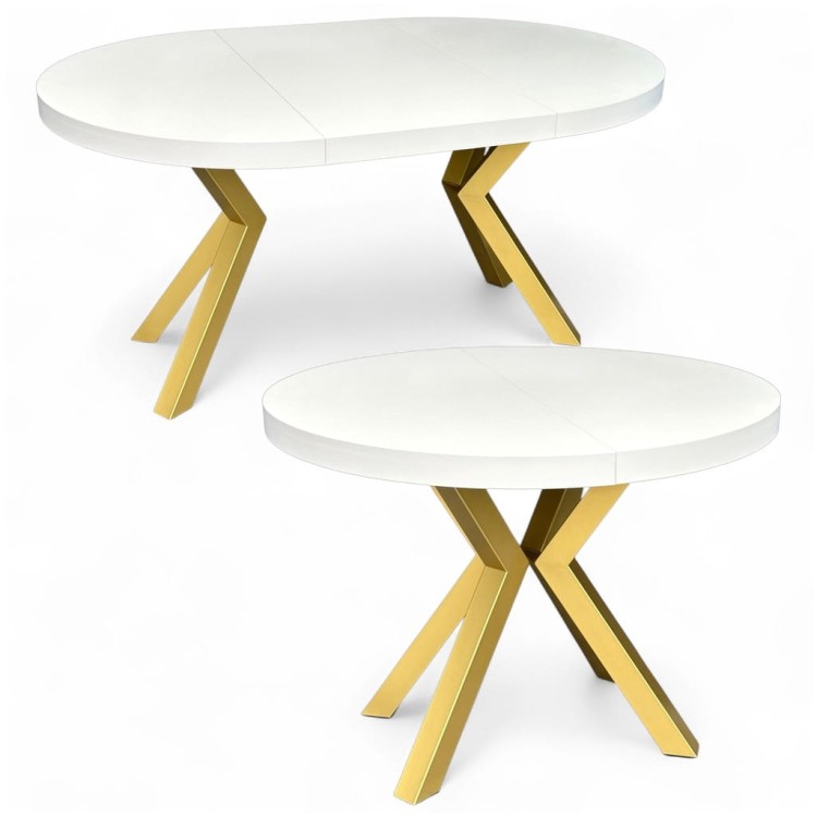 Stół BIAŁY okrągły Ø110 rozkładany do 210 cm + ZŁOTE NOGI X METALOWE