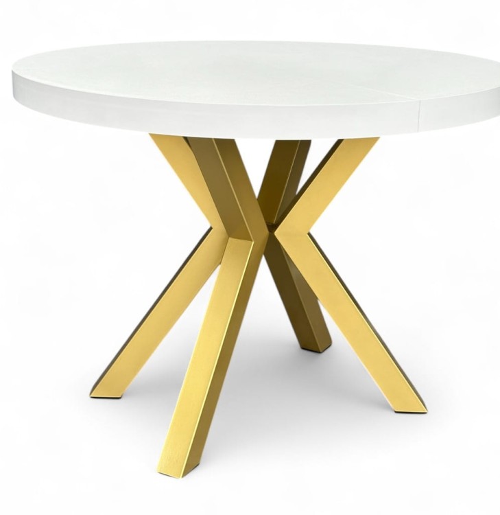 Stół BIAŁY okrągły Ø110 rozkładany do 210 cm + ZŁOTE NOGI X METALOWE
